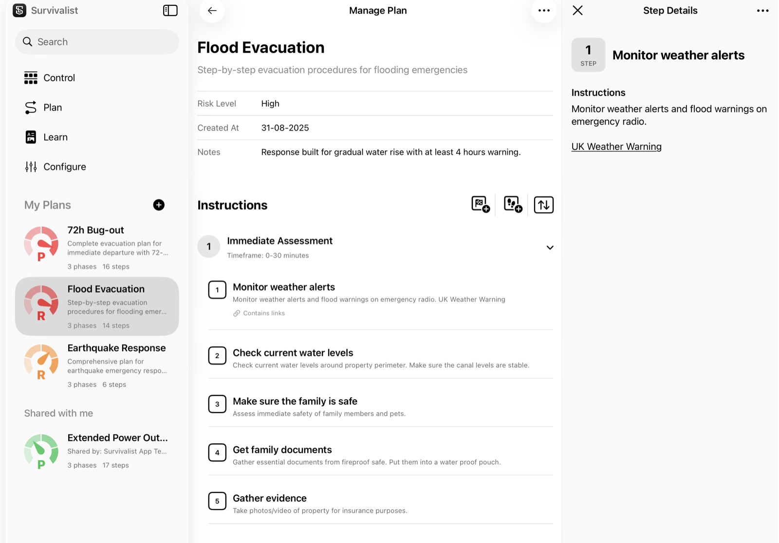 The Flood Evacuation plan open on a tablet with its phases, steps and the Monitor weather alerts step