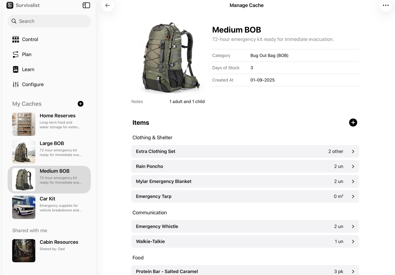 A 72-hour bug-out bag cache with its items grouped by category