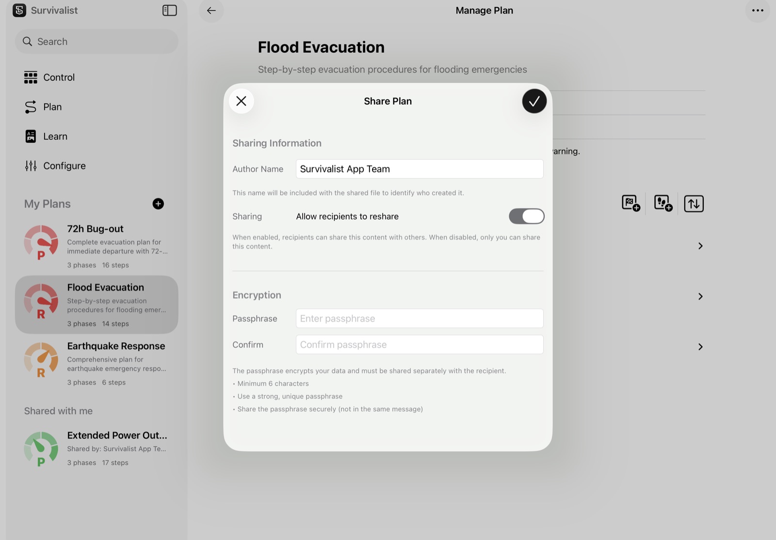 The Share Plan screen with author name, reshare setting and passphrase fields