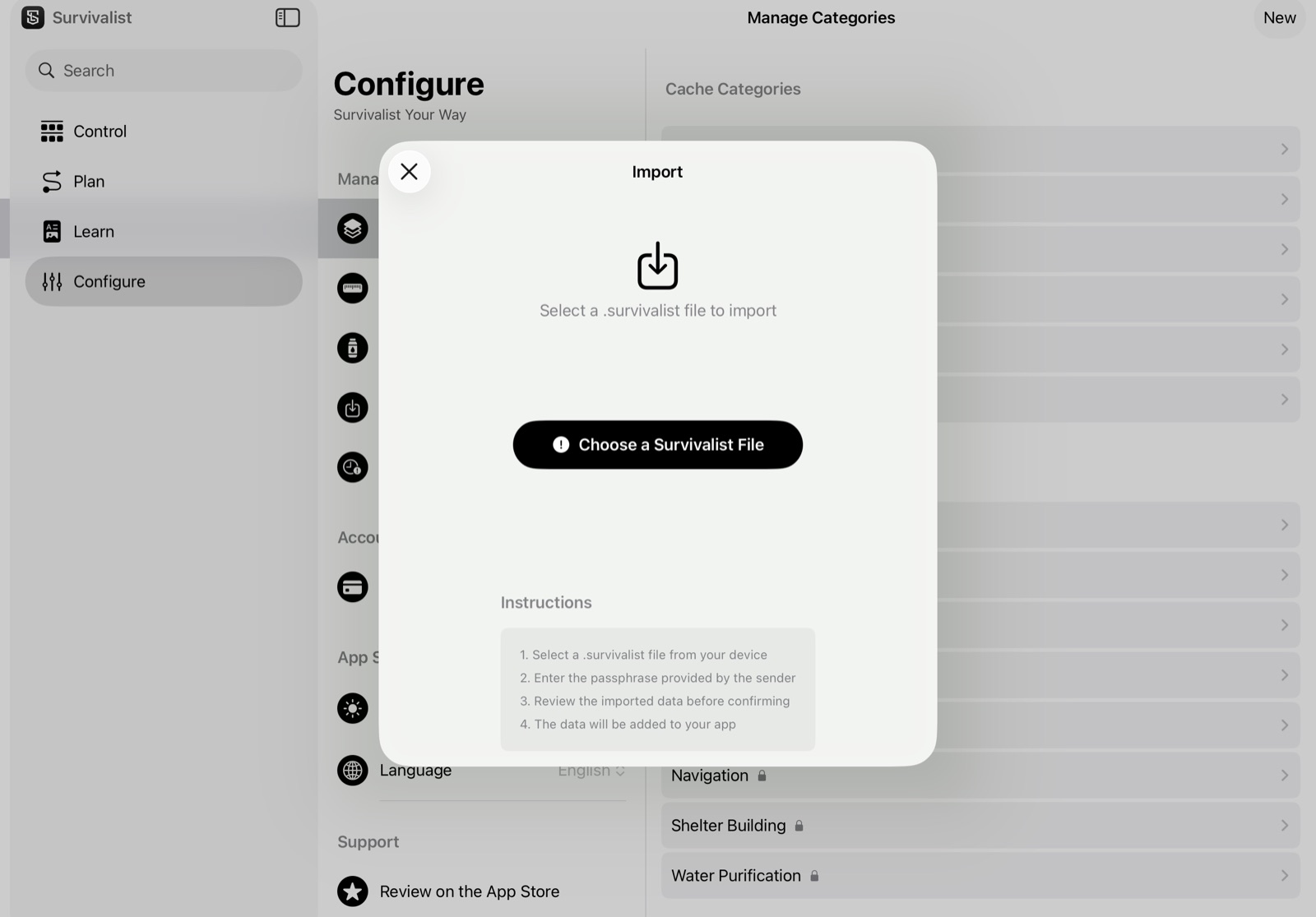 The Import screen asking residents to choose a .survivalist file
